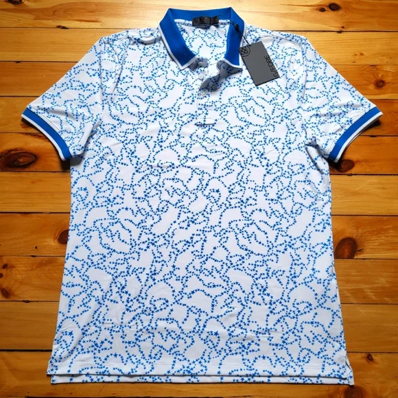 New G Fore Polo Shirt Mens Medium Blue Geometric Performance Stretch Preppy USA - Picture 2 of 11